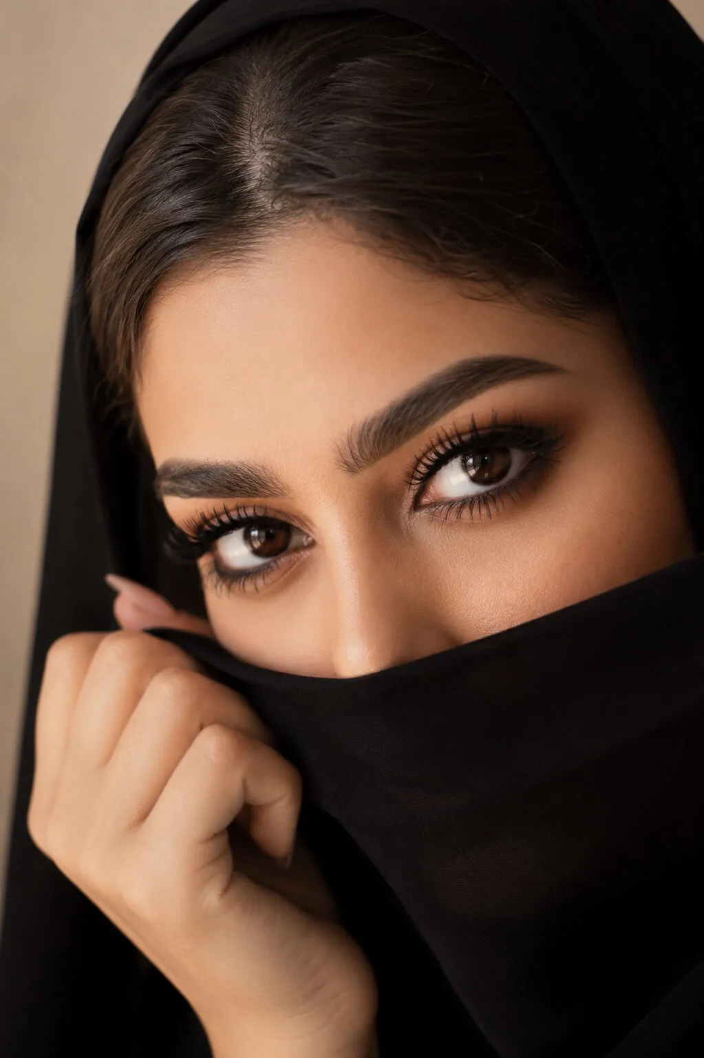 امرأة عربية جميلة بعيون ملفتة وحواجب طبيعية مثالية توضح تنسيق الحواجب وشكل الحواجب المناسب للوجه