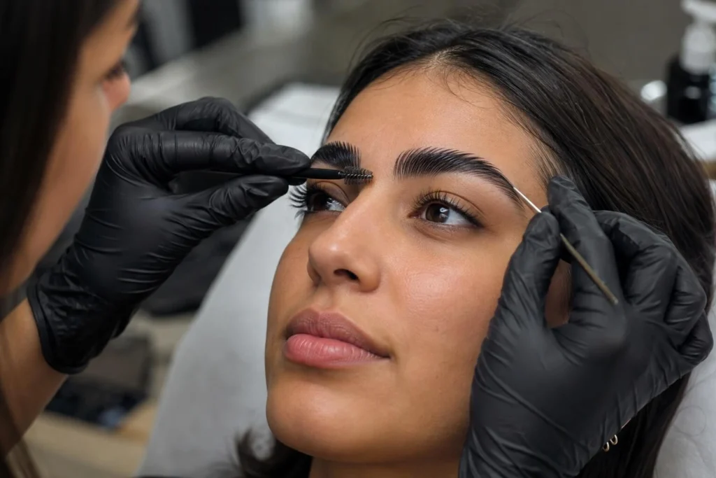 تصفيف الحواجب الكثيفة للمرأة العربية بتقنية Brow Lamination في دبي
